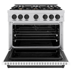 ZLINE Autograph Edition 36 in. 5.2 cu. ft. Classic Dual Fuel Range with 6 Burner Gas Cooktop and Electric Convection Oven in Stainless Steel with White Matte Door and Matte Black Accents