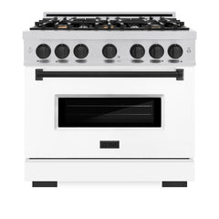 ZLINE Autograph Edition 36 in. 5.2 cu. ft. Classic Dual Fuel Range with 6 Burner Gas Cooktop and Electric Convection Oven in Stainless Steel with White Matte Door and Matte Black Accents