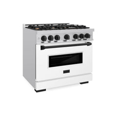 ZLINE Autograph Edition 36 in. 5.2 cu. ft. Classic Dual Fuel Range with 6 Burner Gas Cooktop and Electric Convection Oven in Stainless Steel with White Matte Door and Matte Black Accents