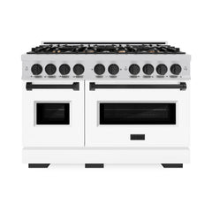 ZLINE Autograph Edition 48 in. 6.7 cu. ft. Classic Double Oven Dual Fuel Range with 8 Burner Gas Cooktop in Stainless Steel with White Matte Door and Matte Black Accents