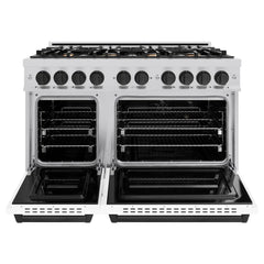 ZLINE Autograph Edition 48 in. 6.7 cu. ft. Classic Double Oven Dual Fuel Range with 8 Burner Gas Cooktop in Stainless Steel with White Matte Door and Matte Black Accents