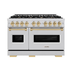 ZLINE Autograph Edition 48 in. 6.7 cu. ft. Classic Double Oven Dual Fuel Range with 8 Burner Gas Cooktop in Stainless Steel and Polished Gold Accents - CDRZ-48-G - The Home Selection