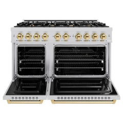 ZLINE Autograph Edition 48 in. 6.7 cu. ft. Classic Double Oven Dual Fuel Range with 8 Burner Gas Cooktop in Stainless Steel and Polished Gold Accents - CDRZ-48-G - The Home Selection