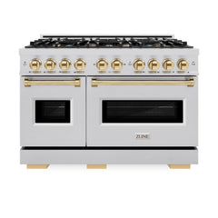 ZLINE Autograph Edition 48 in. 6.7 cu. ft. Classic Double Oven Dual Fuel Range with 8 Burner Gas Cooktop in Stainless Steel and Polished Gold Accents - CDRZ-48-G - The Home Selection