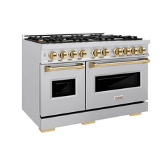 ZLINE Autograph Edition 48 in. 6.7 cu. ft. Classic Double Oven Dual Fuel Range with 8 Burner Gas Cooktop in Stainless Steel and Polished Gold Accents - CDRZ-48-G - The Home Selection