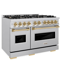 ZLINE Autograph Edition 48 in. 6.7 cu. ft. Classic Double Oven Dual Fuel Range with 8 Burner Gas Cooktop in Stainless Steel and Polished Gold Accents - CDRZ-48-G - The Home Selection