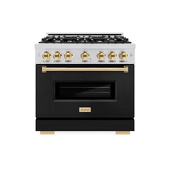ZLINE Autograph Edition 36 in. 5.2 cu. ft. Classic Dual Fuel Range with 6 Burner Gas Cooktop and Electric Convection Oven in Stainless Steel with Black Matte Door and Polished Gold Accents - CDRZ-BLM-36-G - The Home Selection