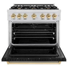 ZLINE Autograph Edition 36 in. 5.2 cu. ft. Classic Dual Fuel Range with 6 Burner Gas Cooktop and Electric Convection Oven in Stainless Steel with Black Matte Door and Polished Gold Accents - CDRZ-BLM-36-G - The Home Selection