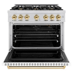 ZLINE Autograph Edition 36 in. 5.2 cu. ft. Classic Gas Range with 6 Burner Cooktop and Convection Gas Oven in Stainless Steel with White Matte Door and Polished Gold Accents - CGRZ-WM-36-G - The Home Selection
