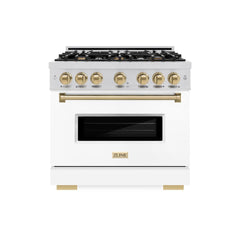 ZLINE Autograph Edition 36 in. 5.2 cu. ft. Classic Gas Range with 6 Burner Cooktop and Convection Gas Oven in Stainless Steel with White Matte Door and Champagne Bronze Accents - CGRZ-WM-36-CB - The Home Selection