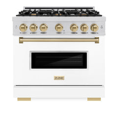 ZLINE Autograph Edition 36 in. 5.2 cu. ft. Classic Gas Range with 6 Burner Cooktop and Convection Gas Oven in Stainless Steel with White Matte Door and Champagne Bronze Accents - CGRZ-WM-36-CB - The Home Selection