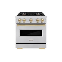 ZLINE Autograph Edition 30 in. 4.2 cu. ft. Classic Gas Range with 4 Burner Cooktop and Convection Gas Oven in Stainless Steel and Champagne Bronze Accents - CGRZ-30-CB - The Home Selection