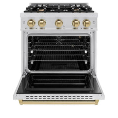 ZLINE Autograph Edition 30 in. 4.2 cu. ft. Classic Gas Range with 4 Burner Cooktop and Convection Gas Oven in Stainless Steel and Champagne Bronze Accents - CGRZ-30-CB - The Home Selection