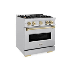 ZLINE Autograph Edition 30 in. 4.2 cu. ft. Classic Gas Range with 4 Burner Cooktop and Convection Gas Oven in Stainless Steel and Champagne Bronze Accents - CGRZ-30-CB - The Home Selection