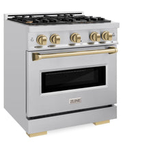 ZLINE Autograph Edition 30 in. 4.2 cu. ft. Classic Gas Range with 4 Burner Cooktop and Convection Gas Oven in Stainless Steel and Champagne Bronze Accents - CGRZ-30-CB - The Home Selection