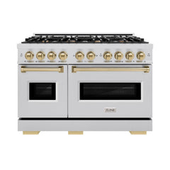 ZLINE Autograph Edition 48 in. 6.7 cu. ft. Classic Double Oven Gas Range with 8 Burner Cooktop in Stainless Steel and Champagne Bronze Accents - CGRZ-48-CB - The Home Selection