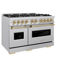 ZLINE Autograph Edition 48 in. 6.7 cu. ft. Classic Double Oven Gas Range with 8 Burner Cooktop in Stainless Steel and Champagne Bronze Accents - CGRZ-48-CB - The Home Selection