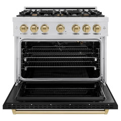 ZLINE Autograph Edition 36 in. 5.2 cu. ft. Classic Gas Range with 6 Burner Cooktop and Convection Gas Oven in Stainless Steel with Black Matte Door and Champagne Bronze Accents - CGRZ-BLM-36-CB - The Home Selection