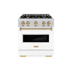 ZLINE Autograph Edition 30 in. 4.2 cu. ft. Classic Gas Range with 4 Burner Cooktop and Convection Gas Oven in Stainless Steel with White Matte Door and Champagne Bronze Accents - CGRZ-WM-30-CB - The Home Selection