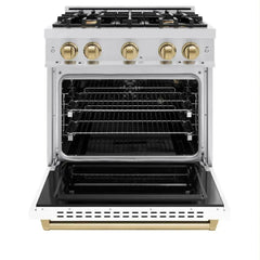 ZLINE Autograph Edition 30 in. 4.2 cu. ft. Classic Gas Range with 4 Burner Cooktop and Convection Gas Oven in Stainless Steel with White Matte Door and Champagne Bronze Accents - CGRZ-WM-30-CB - The Home Selection