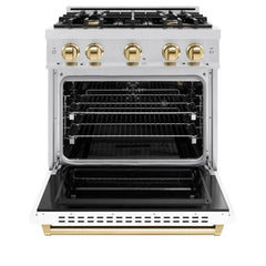 ZLINE Autograph Edition 30 in. 4.2 cu. ft. Classic Gas Range with 4 Burner Cooktop and Convection Gas Oven in Stainless Steel with White Matte Door and Polished Gold Accents - CGRZ-WM-30-G - The Home Selection