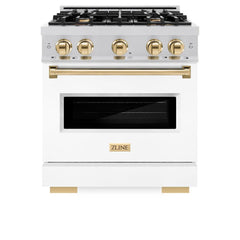 ZLINE Autograph Edition 30 in. 4.2 cu. ft. Classic Gas Range with 4 Burner Cooktop and Convection Gas Oven in Stainless Steel with White Matte Door and Polished Gold Accents - CGRZ-WM-30-G - The Home Selection