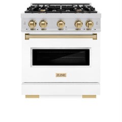 ZLINE Autograph Edition 30 in. 4.2 cu. ft. Classic Gas Range with 4 Burner Cooktop and Convection Gas Oven in Stainless Steel with White Matte Door and Champagne Bronze Accents - CGRZ-WM-30-CB - The Home Selection