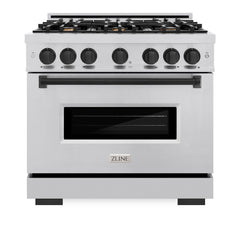 ZLINE Autograph Edition 36 in. 5.2 cu. ft. Classic Gas Range with 6 Burner Cooktop and Convection Gas Oven in Stainless Steel and Matte Black Accents - CGRZ-36-MB - The Home Selection