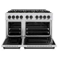 ZLINE Autograph Edition 48 in. 6.7 cu. ft. Classic Double Oven Gas Range with 8 Burner Cooktop in Stainless Steel and Matte Black Accents - CGRZ-48-MB - The Home Selection