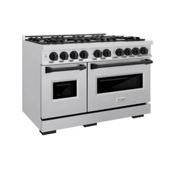 ZLINE Autograph Edition 48 in. 6.7 cu. ft. Classic Double Oven Gas Range with 8 Burner Cooktop in Stainless Steel and Matte Black Accents - CGRZ-48-MB - The Home Selection