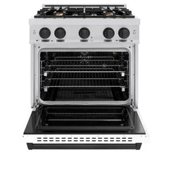 ZLINE Autograph Edition 30 in. 4.2 cu. ft. Classic Gas Range with 4 Burner Cooktop and Convection Gas Oven in Stainless Steel with White Matte Door and Matte Black Accents - CGRZ-WM-30-MB - The Home Selection