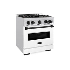 ZLINE Autograph Edition 30 in. 4.2 cu. ft. Classic Gas Range with 4 Burner Cooktop and Convection Gas Oven in Stainless Steel with White Matte Door and Matte Black Accents - CGRZ-WM-30-MB - The Home Selection