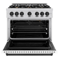 ZLINE Autograph Edition 36 in. 5.2 cu. ft. Classic Gas Range with 6 Burner Cooktop and Convection Gas Oven in Stainless Steel with White Matte Door and Matte Black Accents - CGRZ-WM-36-MB - The Home Selection