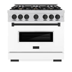 ZLINE Autograph Edition 36 in. 5.2 cu. ft. Classic Gas Range with 6 Burner Cooktop and Convection Gas Oven in Stainless Steel with White Matte Door and Matte Black Accents - CGRZ-WM-36-MB - The Home Selection