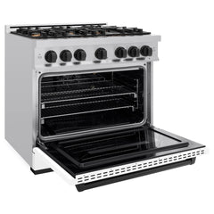 ZLINE Autograph Edition 36 in. 5.2 cu. ft. Classic Gas Range with 6 Burner Cooktop and Convection Gas Oven in Stainless Steel with White Matte Door and Matte Black Accents - CGRZ-WM-36-MB - The Home Selection
