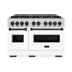 ZLINE Autograph Edition 48 in. 6.7 cu. ft. Classic Double Oven Gas Range with 8 Burner Cooktop in Stainless Steel with White Matte Doors and Matte Black Accents