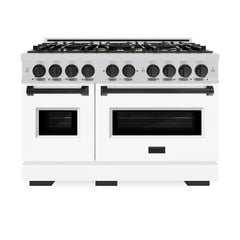 ZLINE Autograph Edition 48 in. 6.7 cu. ft. Classic Double Oven Gas Range with 8 Burner Cooktop in Stainless Steel with White Matte Doors and Matte Black Accents