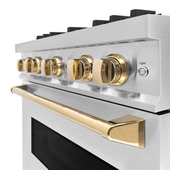 ZLINE Autograph Edition 30 in. 4.2 cu. ft. Classic Gas Range with 4 Burner Cooktop and Convection Gas Oven in Stainless Steel and Polished Gold Accents - CGRZ-30-G - The Home Selection