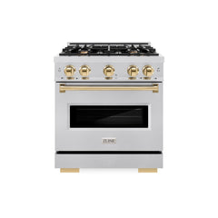 ZLINE Autograph Edition 30 in. 4.2 cu. ft. Classic Gas Range with 4 Burner Cooktop and Convection Gas Oven in Stainless Steel and Polished Gold Accents - CGRZ-30-G - The Home Selection