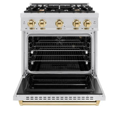 ZLINE Autograph Edition 30 in. 4.2 cu. ft. Classic Gas Range with 4 Burner Cooktop and Convection Gas Oven in Stainless Steel and Polished Gold Accents - CGRZ-30-G - The Home Selection