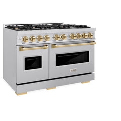 ZLINE Autograph Edition 48 in. 6.7 cu. ft. Classic Double Oven Gas Range with 8 Burner Cooktop in Stainless Steel and Polished Gold Accents - CGRZ-48-G - The Home Selection