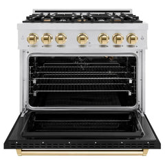 ZLINE Autograph Edition 36 in. 5.2 cu. ft. Classic Gas Range with 6 Burner Cooktop and Convection Gas Oven in Stainless Steel with Black Matte Door and Polished Gold Accents - CGRZ-BLM-36-G - The Home Selection