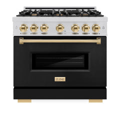 ZLINE Autograph Edition 36 in. 5.2 cu. ft. Classic Gas Range with 6 Burner Cooktop and Convection Gas Oven in Stainless Steel with Black Matte Door and Polished Gold Accents - CGRZ-BLM-36-G - The Home Selection