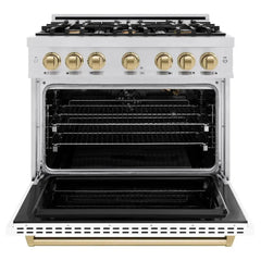 ZLINE Autograph Edition 36 in. 5.2 cu. ft. Classic Gas Range with 6 Burner Cooktop and Convection Gas Oven in Stainless Steel with White Matte Door and Champagne Bronze Accents - CGRZ-WM-36-CB - The Home Selection