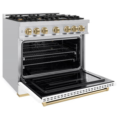 ZLINE Autograph Edition 36 in. 5.2 cu. ft. Classic Gas Range with 6 Burner Cooktop and Convection Gas Oven in Stainless Steel with White Matte Door and Champagne Bronze Accents - CGRZ-WM-36-CB - The Home Selection