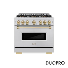 ZLINE Autograph Edition 36 in. 5.2 cu. ft. Classic Dual Fuel Range with 6 Burner DuoPro™ Cooktop and Electric Convection Oven in Stainless Steel and Champagne Bronze Accents - PCDRZ-36-CB - The Home Selection