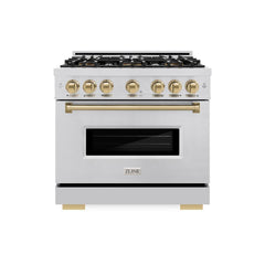 ZLINE Autograph Edition 36 in. 5.2 cu. ft. Classic Dual Fuel Range with 6 Burner DuoPro™ Cooktop and Electric Convection Oven in Stainless Steel and Champagne Bronze Accents - PCDRZ-36-CB - The Home Selection