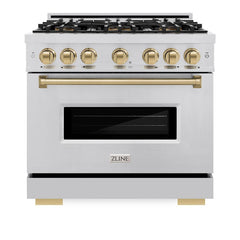 ZLINE Autograph Edition 36 in. 5.2 cu. ft. Classic Dual Fuel Range with 6 Burner DuoPro™ Cooktop and Electric Convection Oven in Stainless Steel and Champagne Bronze Accents - PCDRZ-36-CB - The Home Selection