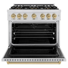 ZLINE Autograph Edition 36 in. 5.2 cu. ft. Classic Dual Fuel Range with 6 Burner DuoPro™ Cooktop and Electric Convection Oven in Stainless Steel and Champagne Bronze Accents - PCDRZ-36-CB - The Home Selection