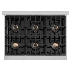 ZLINE Autograph Edition 36 in. 5.2 cu. ft. Classic Dual Fuel Range with 6 Burner DuoPro™ Cooktop and Electric Convection Oven in Stainless Steel and Champagne Bronze Accents - PCDRZ-36-CB - The Home Selection